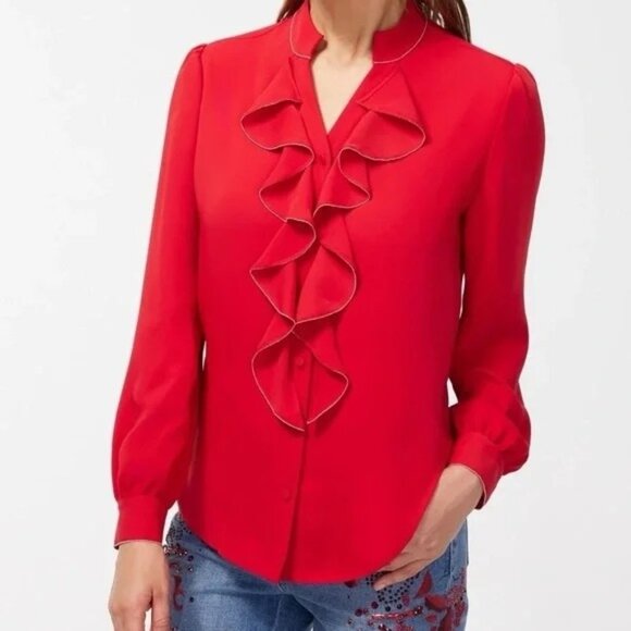 Chico's Tops - Chicos Ruffle Front Button Up Blouse Size 2 US 12 Red V Neck Sparkle Trim Top